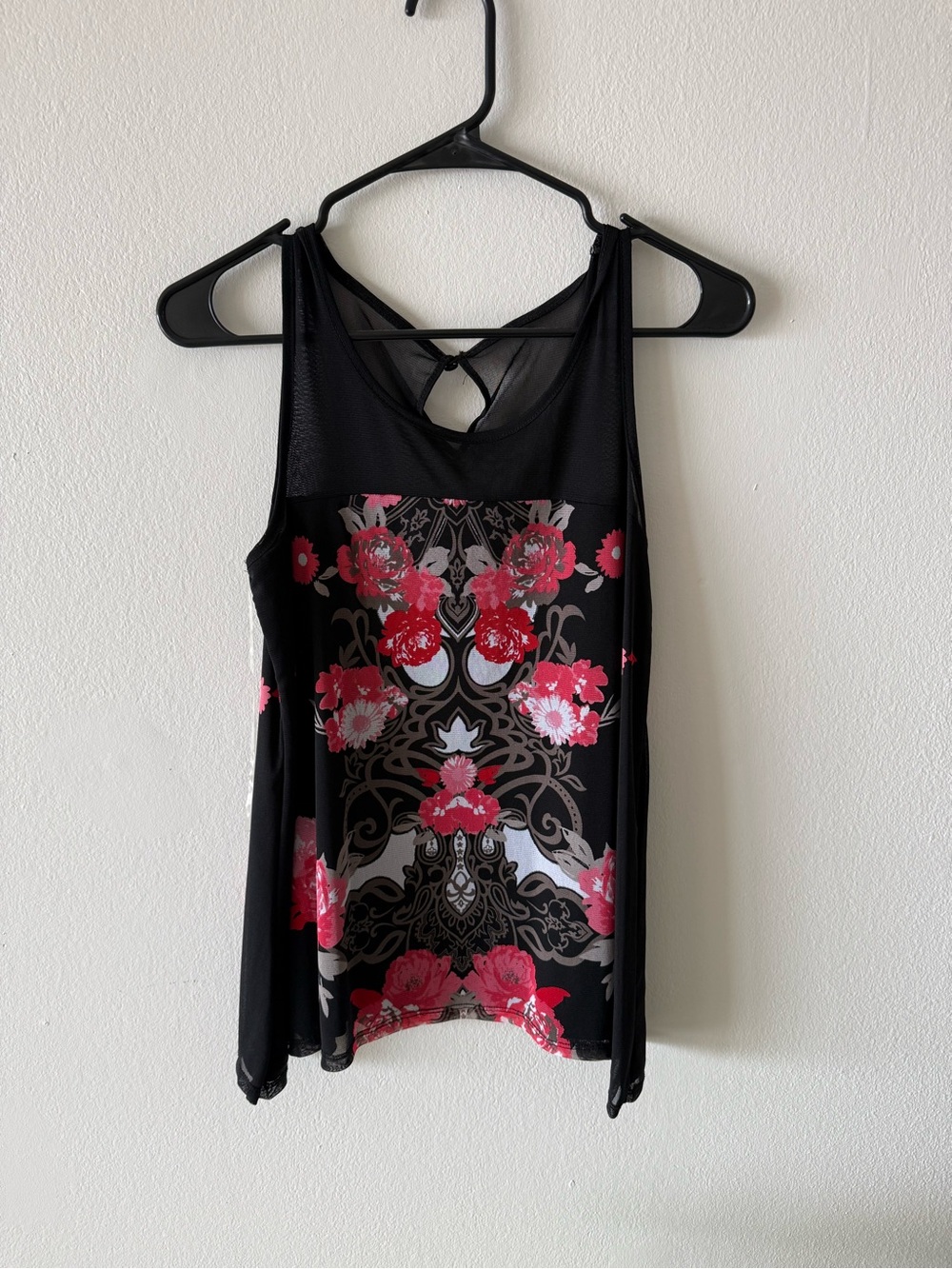 INC International Concepts Black Tank with Pink & Red Floral Print